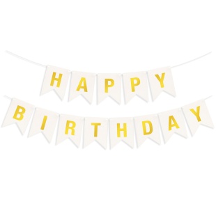 Гирлянда Флажки, Happy Birthday, Белый/Золото, Металлик, 500 см, 16*12 см, 1 упак.