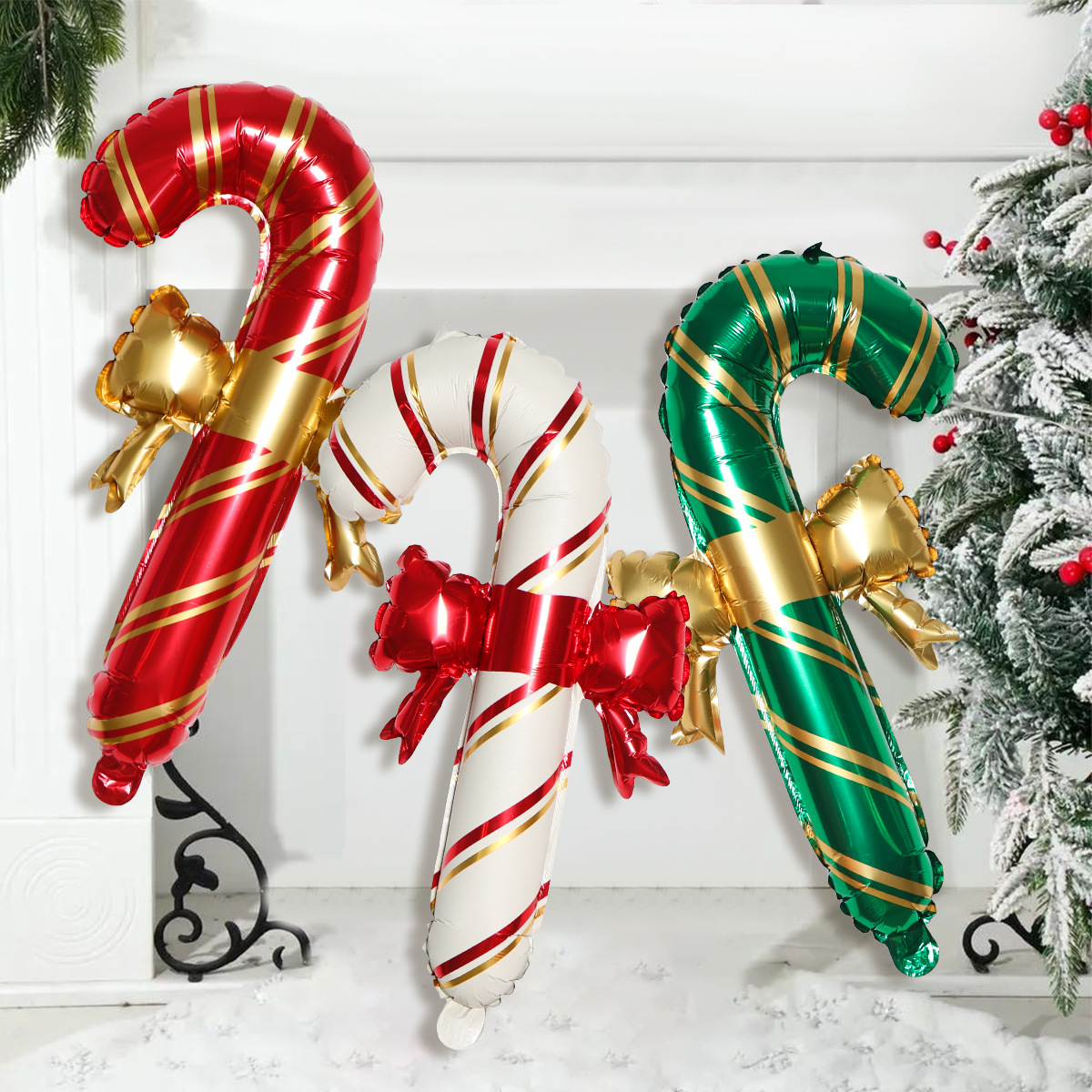 Шар (30''/76 см) Фигура, Леденец трость, Красный бант (надув воздухом), Белый/Красный, 1 шт. в уп.