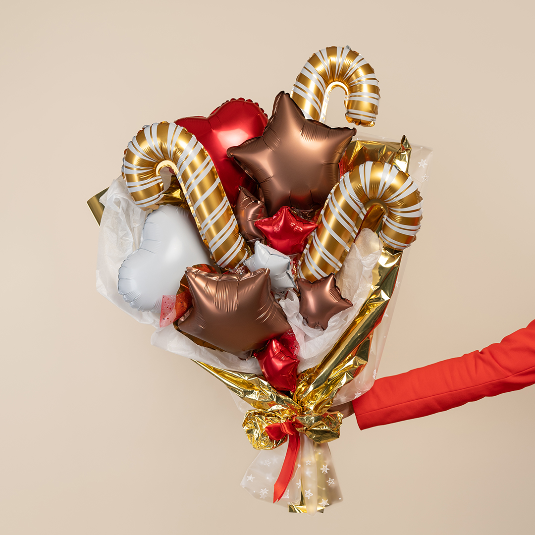 Шар с клапаном (17''/43 см) Мини-фигура, Леденец трость, Золото, 5 шт. в уп.