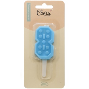 Свеча Цифра, 8 Конструктор, Голубой, 3,3*6,5 + 3 см, 1 шт. с держат.