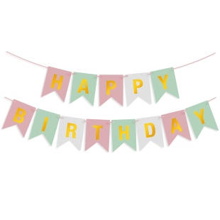 Гирлянда Флажки, Happy Birthday, Пастельный микс/Золото, Металлик, 500 см, 16*12 см, 1 упак.