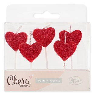 Свечи Сердце, Красный, с блестками, 6 см, 5 шт. с держат.