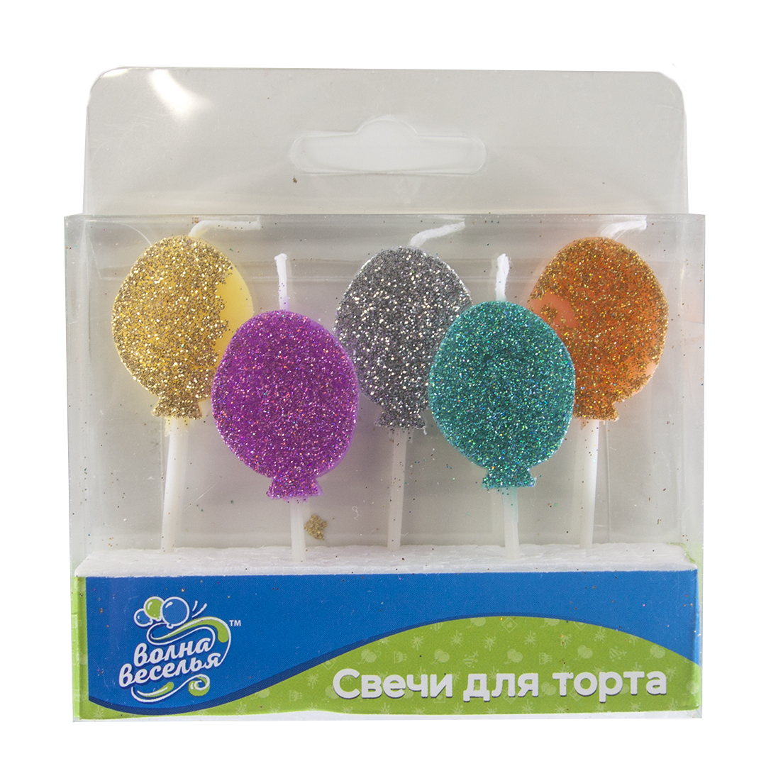 Свечи Фигура, Воздушные шарики, Ассорти, с блестками, 2,3*3 см, 5 шт. с держат.