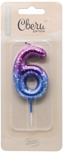 Свеча Цифра, 6 Сияющий космос, на шпажке, Градиент, 6 + 3 см, 1 шт. с держат.