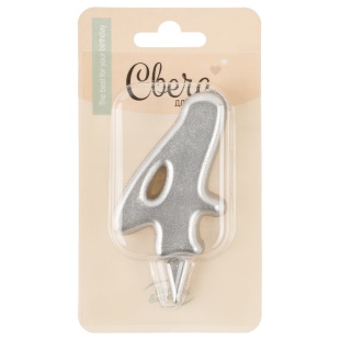 Свеча Цифра, 4 Овал, Серебро, Металлик, 7 см, 1 шт. с держат.