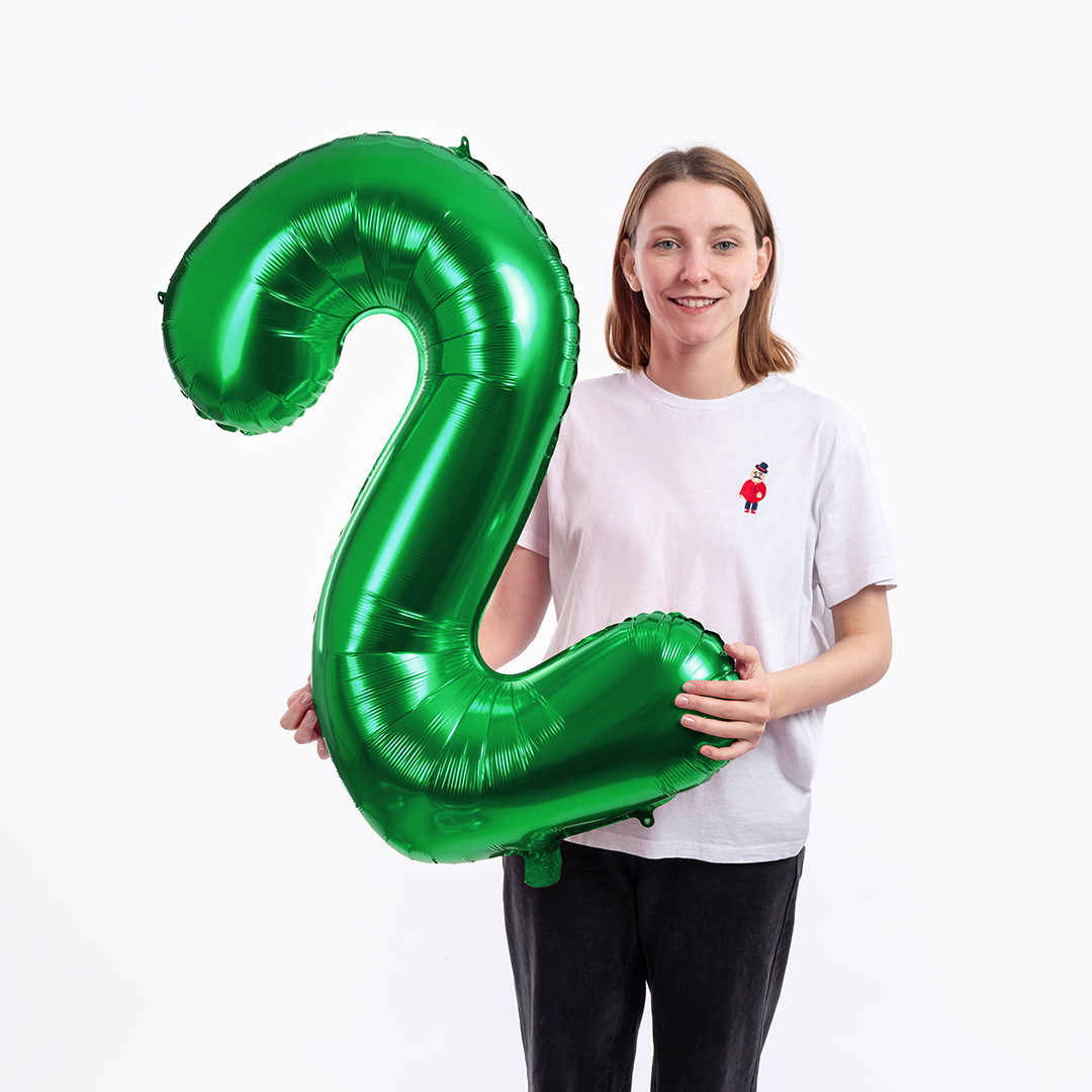 Шар (40''/102 см) Цифра, 2, Зеленый, Металлик, 1 шт. в уп.