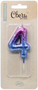 Свеча Цифра, 4 Сияющий космос, на шпажке, Градиент, 6 + 3 см, 1 шт. с держат.