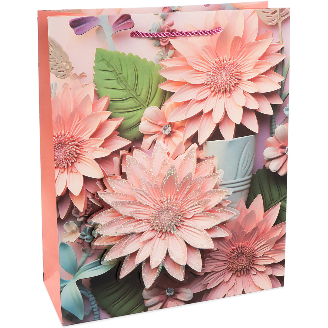 Пакет подарочный, 210гр, Цветочная аппликация, Дизайн №1, с блестками, 23*18*10 см, 1 шт.