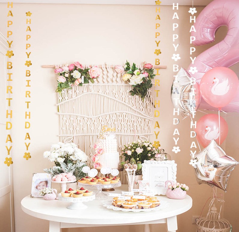 Гирлянда-подвеска Happy Birthday, Золото, Металлик, 120 см, 1 упак.