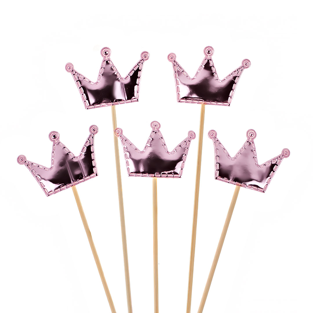 Пики Топперы, Короны, Розовый, Металлик, 12 см, 5 шт.