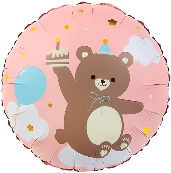Шар (18''/46 см) Круг, Мишка с кексиком, Розовый, 1 шт. в уп.