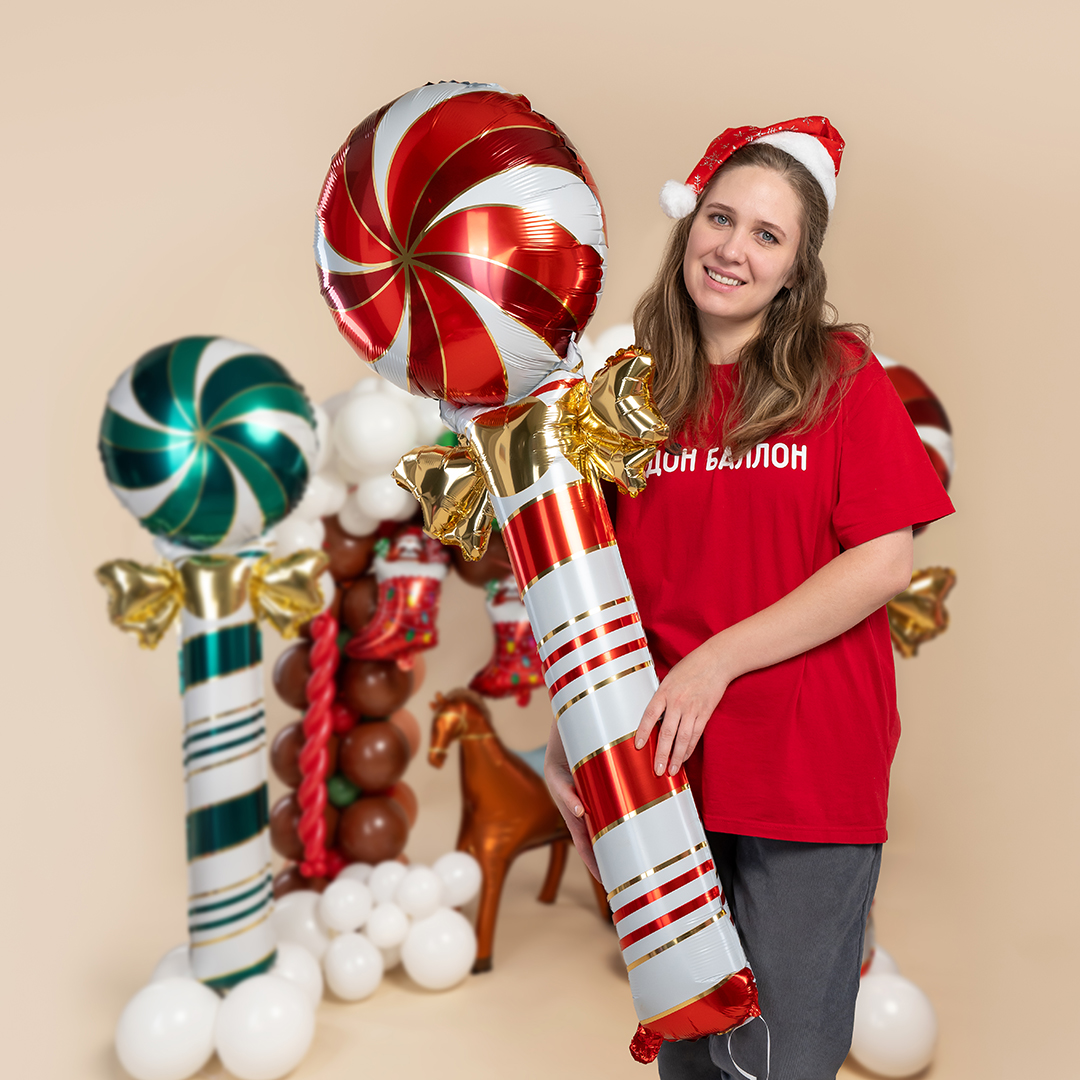 Шар (59''/150 см) Фигура, Леденец трость с бантом, Красный/Золото, 1 шт. в уп.