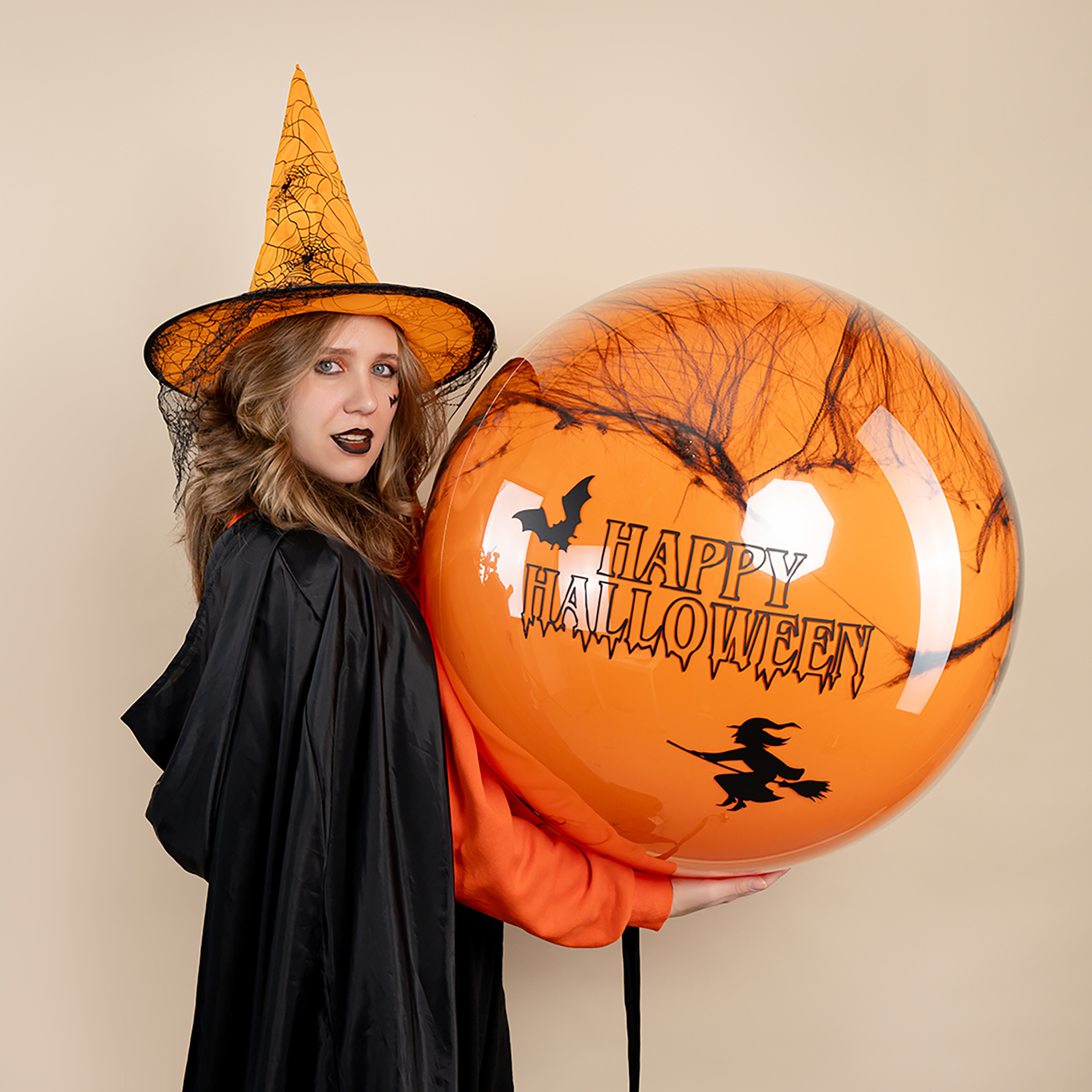 Декоративное украшение, Паутина и 6 пауков, 60 гр, Черный/Оранжевый, 1 шт.