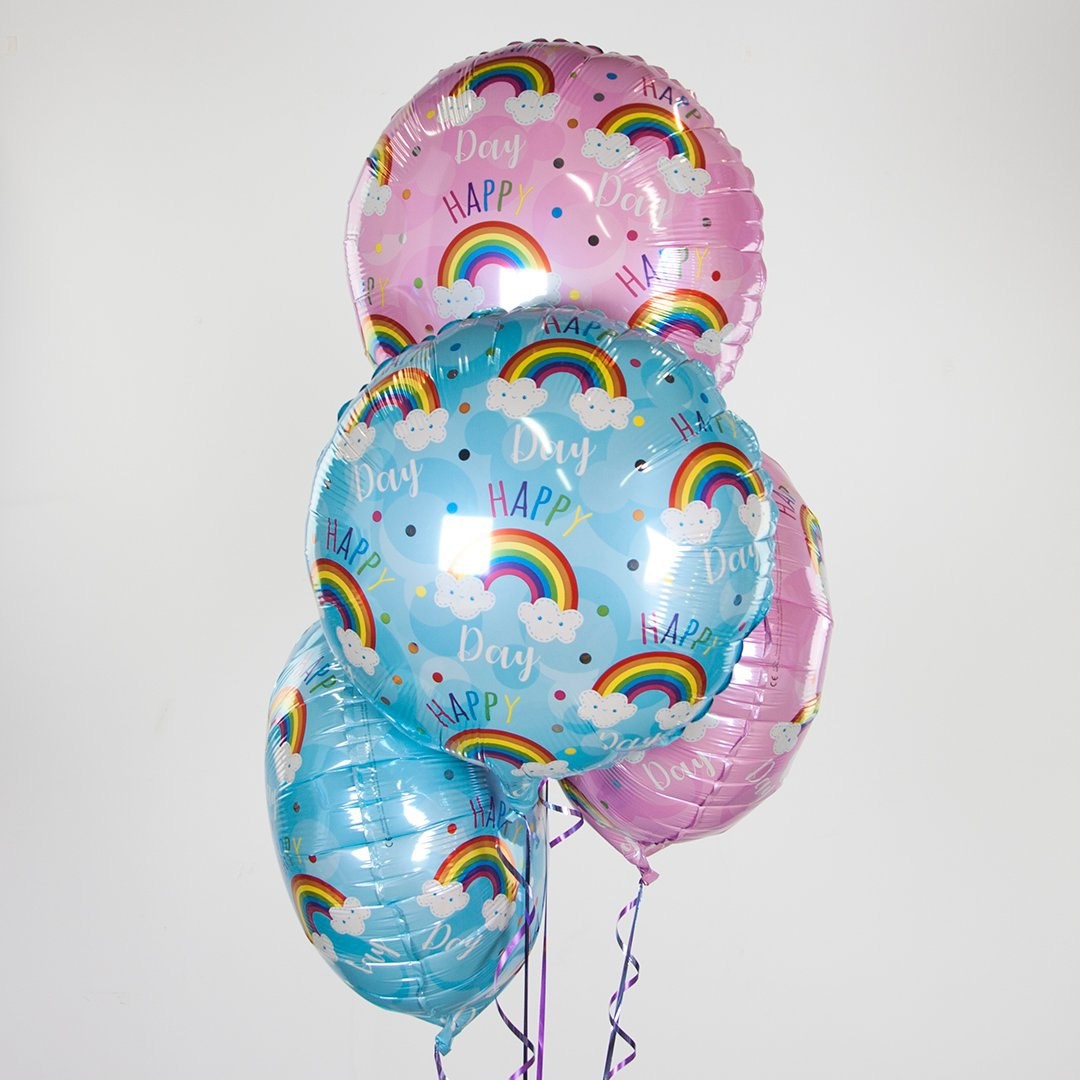 Шар (18''/46 см) Круг, Happy Day (радуга в облаках), Розовый, 1 шт.