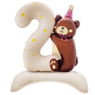 Шар (35''/89 см) Цифра на подставке, 2 Годика, Мишка в розовом колпачке, Бежевый, Сатин, 1 шт. в уп.