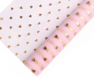 Фатин в рулоне (50 см*4,57 м) Золотые сердечки, Розовый, Металлик, 1 шт.