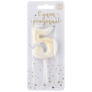 Свеча Цифра, 5 Золотые брызги, на шпажке, Белый, Металлик, 4,3 + 5,2 см, 1 шт. с держат.