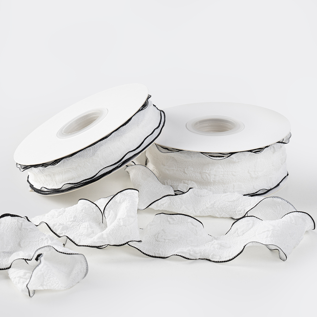 Лента тканевая (2,5 см*9,14 м) Элегантная волна, Белый/Черный, 1 шт.