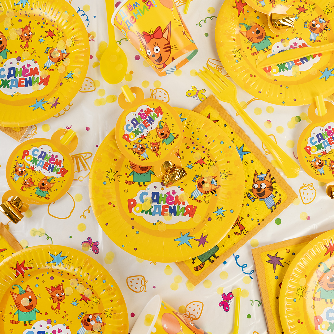 Карнавальные язычки гудки, Три Кота, С Днем Рождения!, Желтый, 11 см, 6 шт. в упак. 