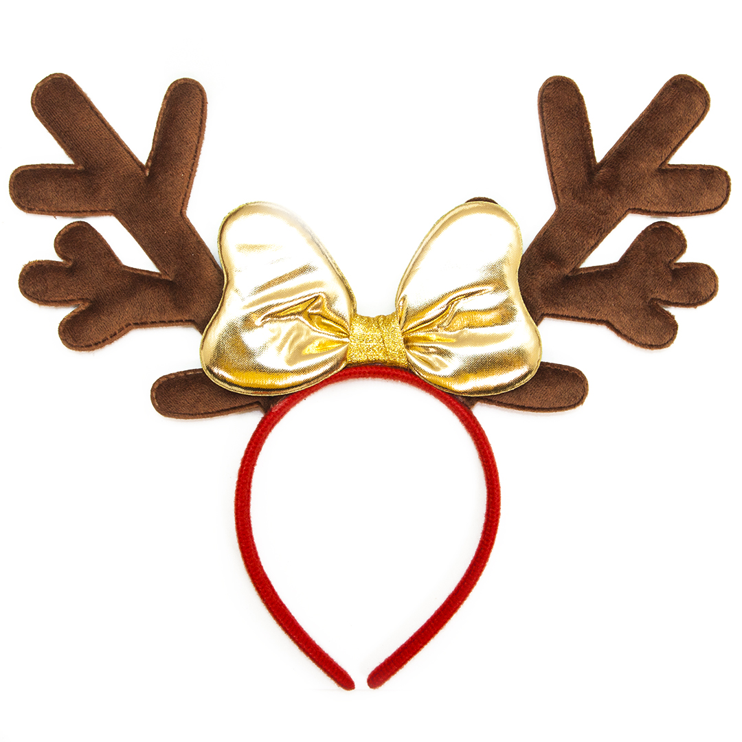 Ободок, Оленьи рожки с бантиком, Коричневый/Золото, 1 шт. 