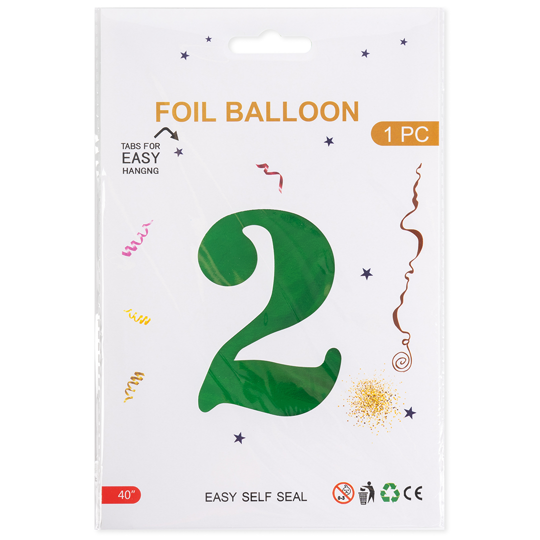 Шар (40''/102 см) Цифра, 2, Зеленый, Металлик, 1 шт. в уп.