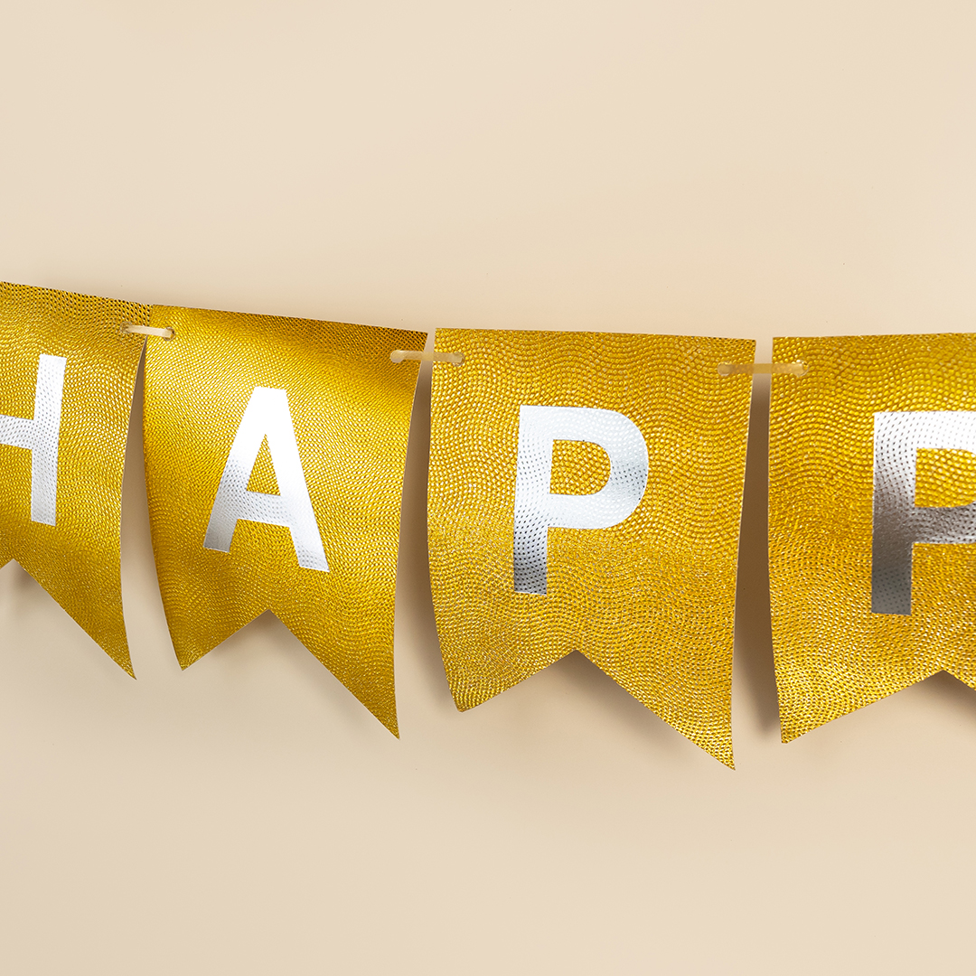 Гирлянда Флажки, Happy Birthday (фактура точки), Золото, Металлик, 500 см, 16*12 см, 1 упак.