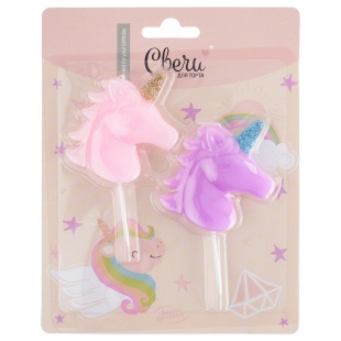 Набор свечей Фигура, Волшебный единорог, Розовый/Сиреневый, с блестками, 5 см, 2 шт. с держат.