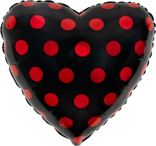 Шар (18''/46 см) Сердце, Красные точки, Черный, 1 шт.