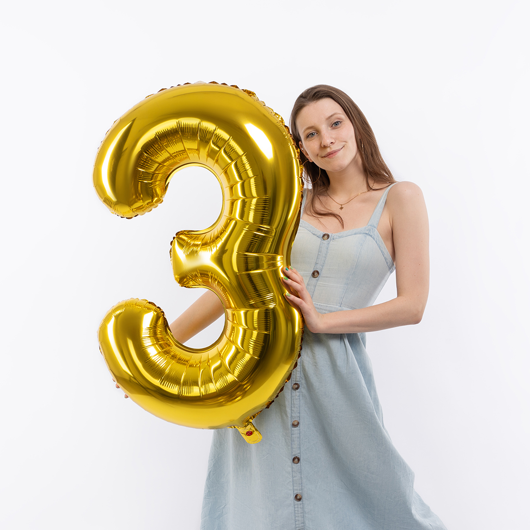 Шар (40''/102 см) Цифра, 3, Золото, 1 шт. в уп.