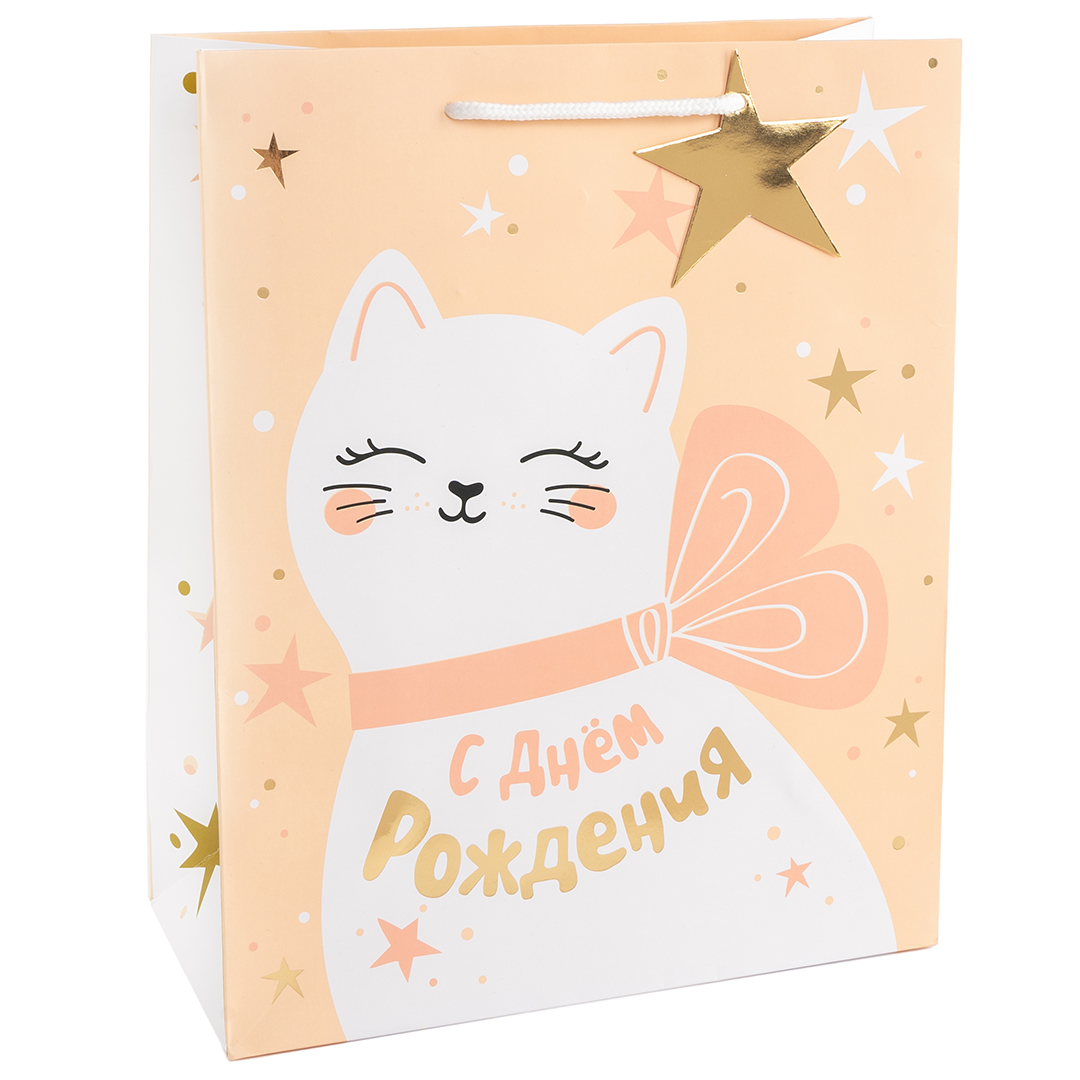 Пакет подарочный, 210гр, Кошечка с бантом, Металлик, 23*18*10 см, 1 шт.