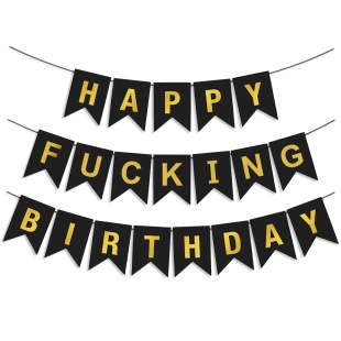 Гирлянда Флажки, Happy Birthday для взрослых, Черный/Золото, Металлик, 500 см, 16*12 см, 1 упак.