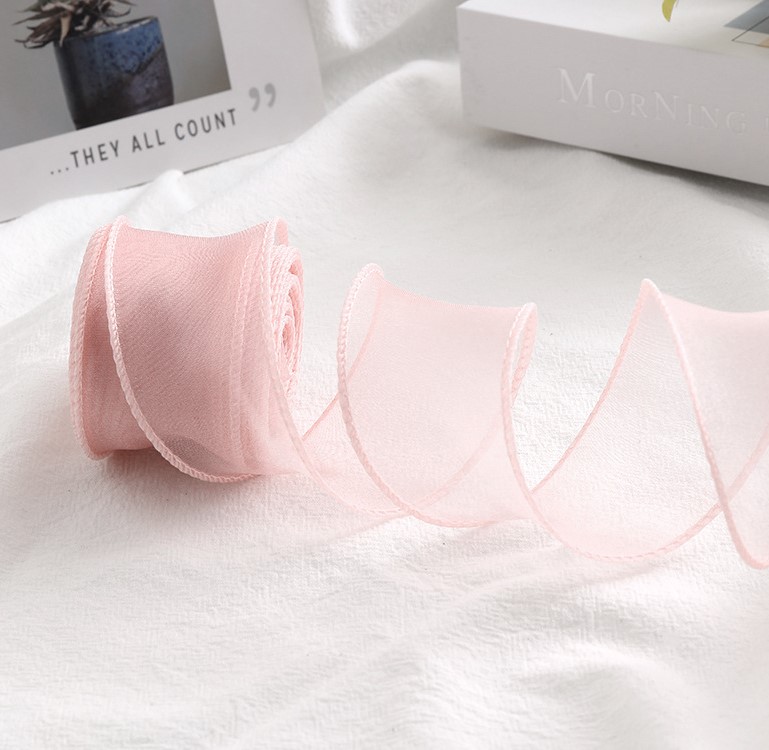 Лента декоративная (4 см*9,14 м) Органза с леской, Нежно-розовый, 1 шт.