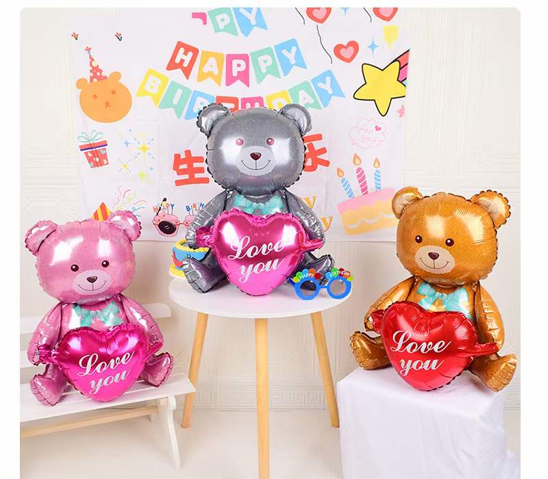 Шар 3D (30''/76 см) Фигура, Сидячий мишка с сердцем, Серый, 1 шт. в уп.