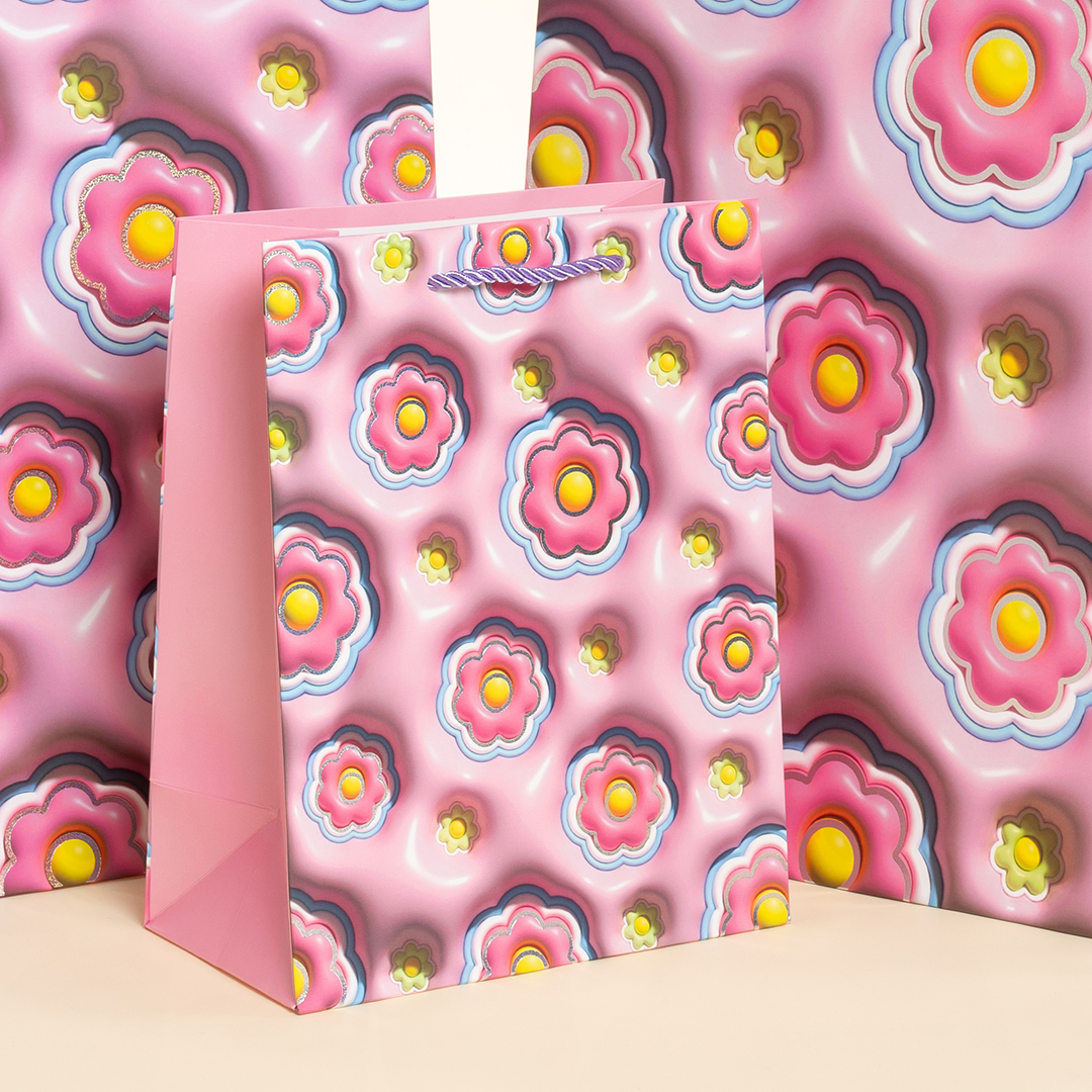 Пакет подарочный, 210гр, Цветочная россыпь, Дизайн №3, Розовый, Металлик, 23*18*10 см, 1 шт.
