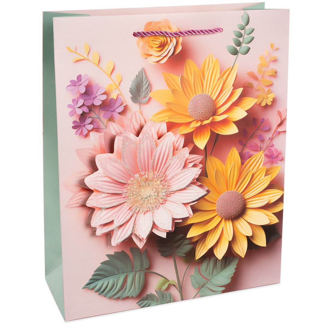 Пакет подарочный, 210гр, Цветочная аппликация, Дизайн №4, с блестками, 23*18*10 см, 1 шт.