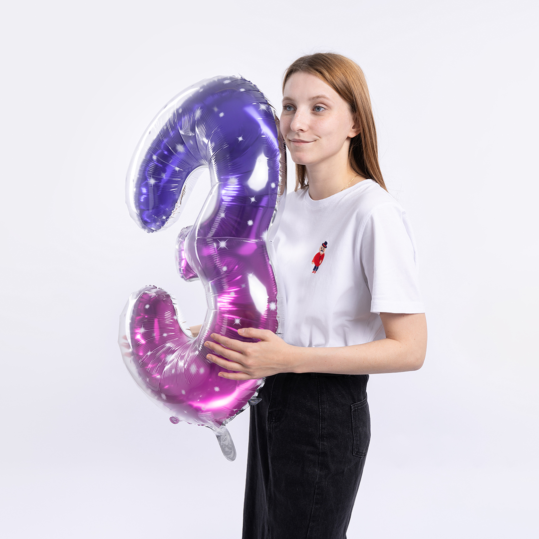 Шар (34''/86 см) Цифра, 3 Сияющий космос, Сиреневый, Градиент, 1 шт. в уп.
