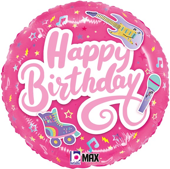 Шар (18''/46 см) Круг, Happy Birthday, Яркая Вечеринка, Розовый, 1 шт.