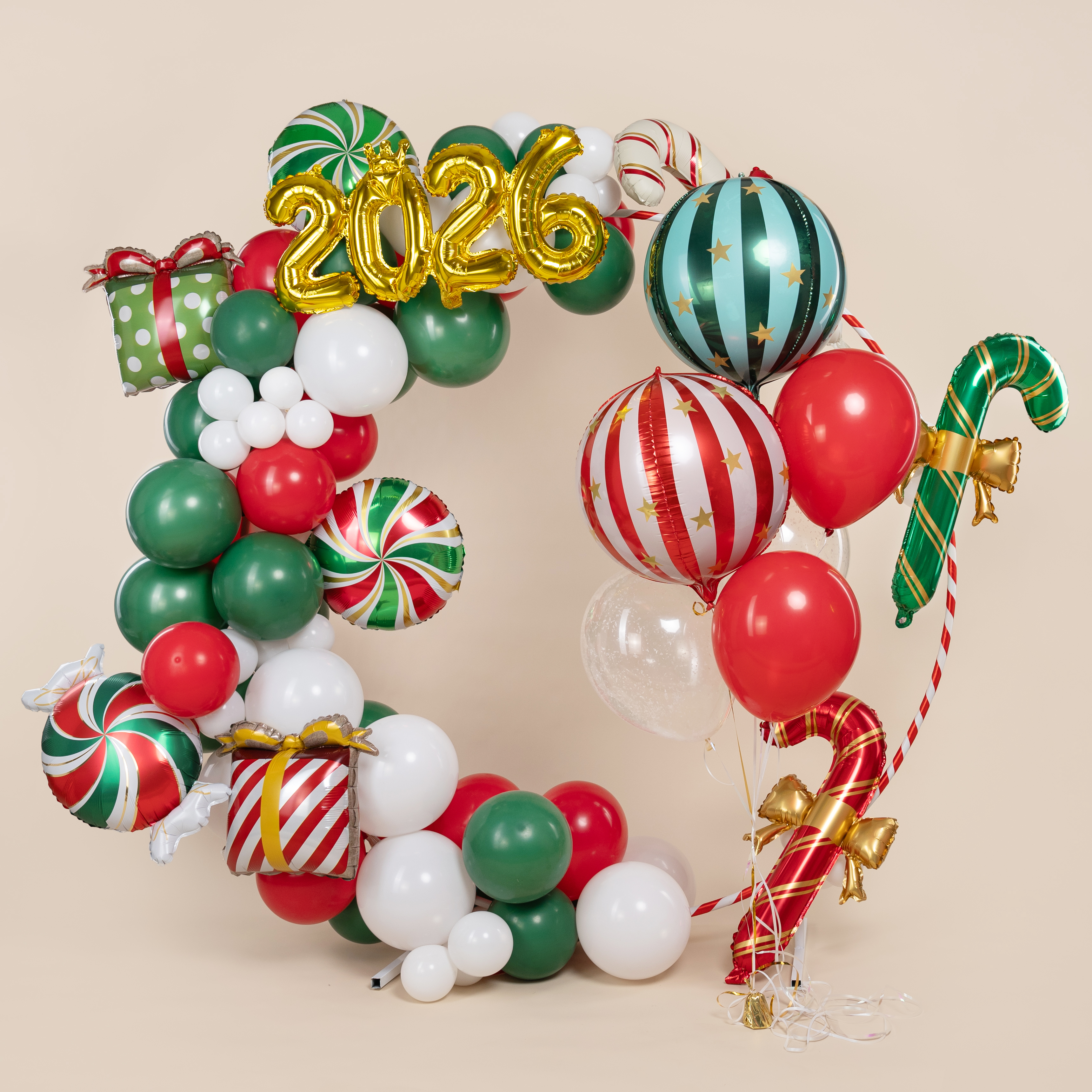 Шар (25''/64 см) Фигура, Конфета, Золотые полоски, Красный/Зеленый, 1 шт.