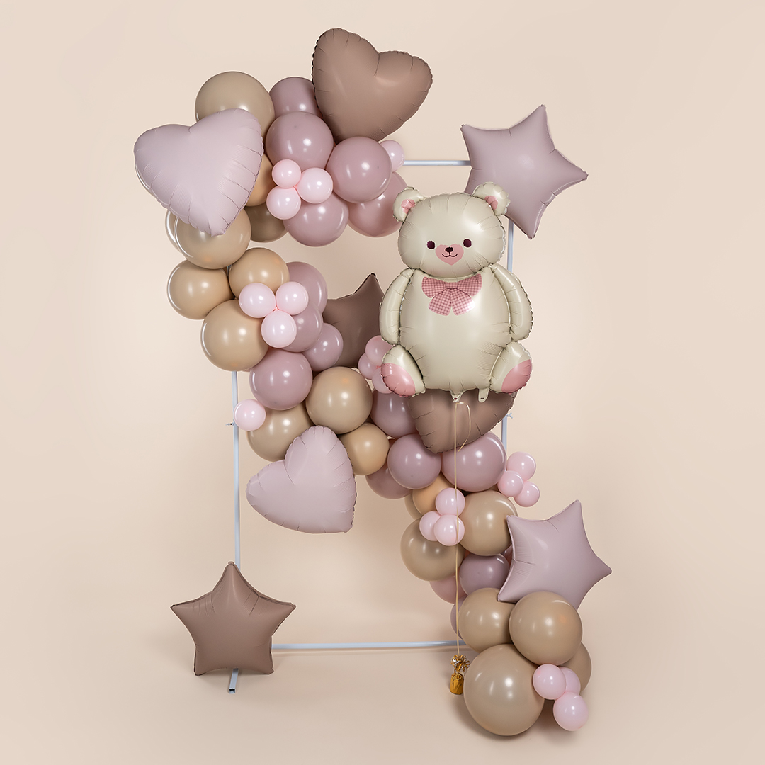 Шар (35''/89 см) Фигура, Мишка с бантом, Бежевый/Розовый, Сатин, 1 шт.