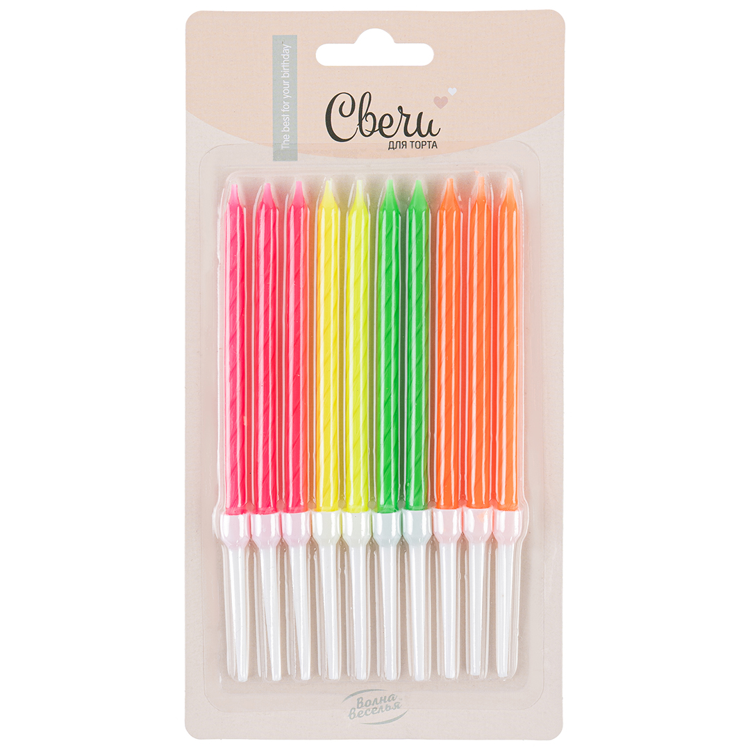 Свечи Праздничный микс, Неон, 10 см, 10 шт. с держат.