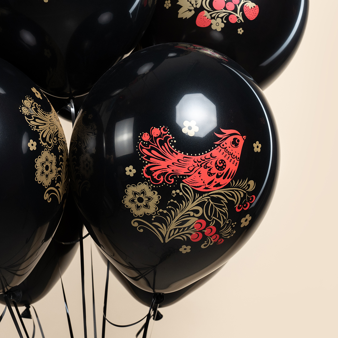 Шар (12''/30 см) Хохлома, Черный, пастель, 5 ст, 25 шт.