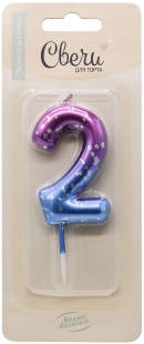 Свеча Цифра, 2 Сияющий космос, на шпажке, Градиент, 6 + 3 см, 1 шт. с держат.