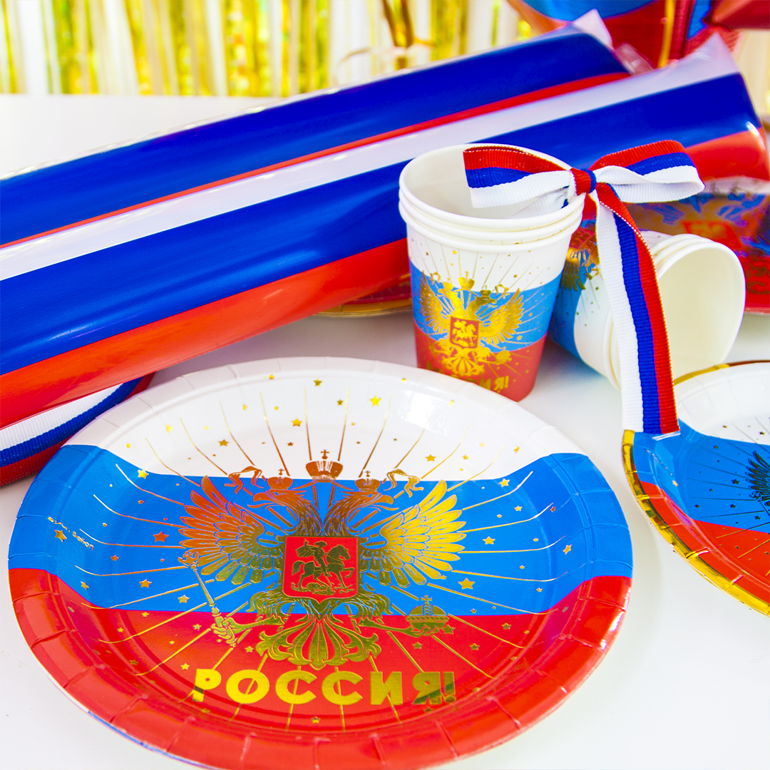 Тарелки (9''/23 см) Россия! (герб), Триколор, Металлик, 6 шт.