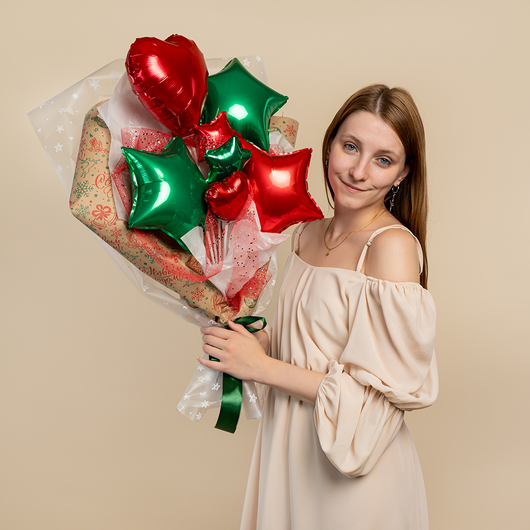 Шар с клапаном (10''/25 см) Мини-звезда, Красный, Металлик, 1 шт.