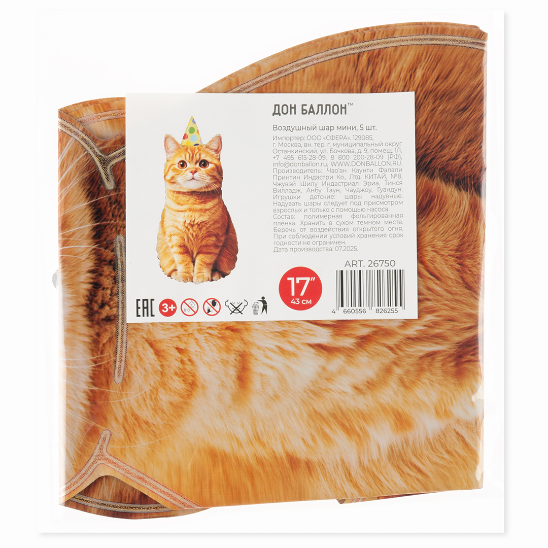 Шар с клапаном (17''/43 см) Мини-фигура, Котик в колпачке, 5 шт. в уп.