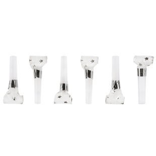 Карнавальные язычки гудки, Звезды Люкс, Белый/Серебро, Металлик, 6 см, 6 шт. в упак. 