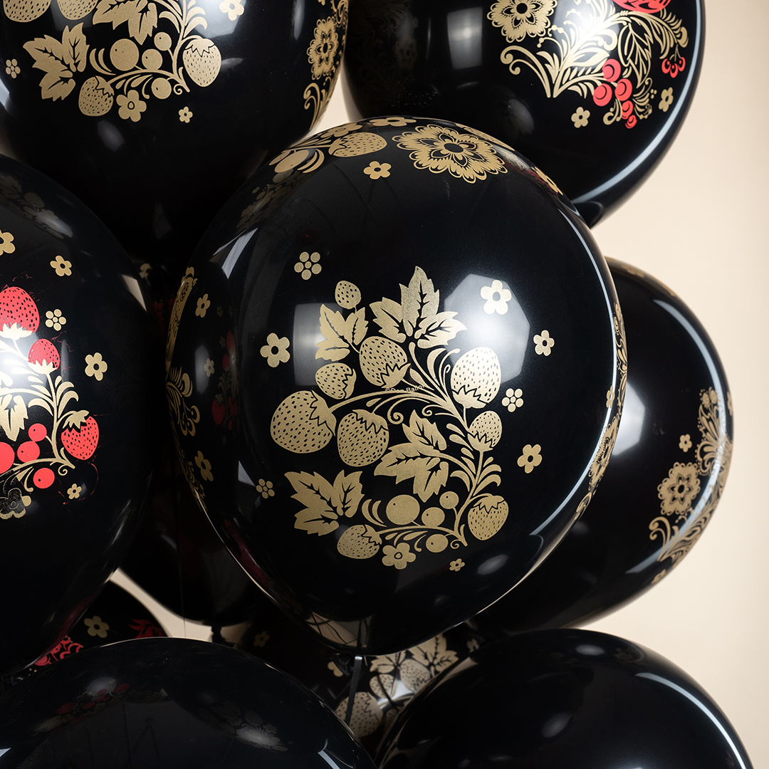 Шар (12''/30 см) Хохлома, Черный, пастель, 5 ст, 25 шт.