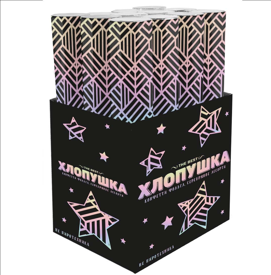 Пневмохлопушка (12/30 см), Геометрия, Прямоугольники фольга, Золото/Серебро, 1 шт.