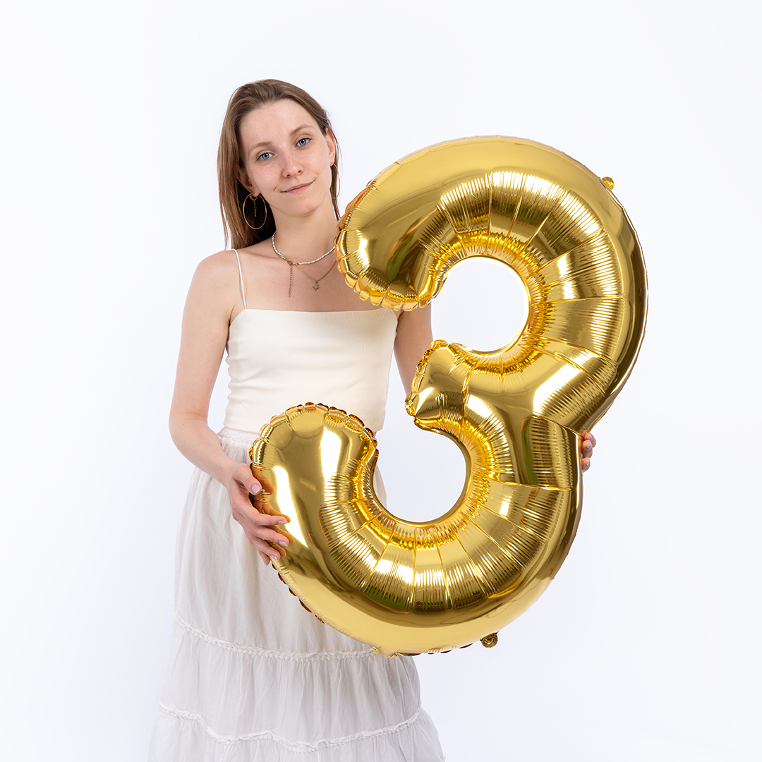 Шар (40''/102 см) Цифра, 3 Slim, Золото, 1 шт.