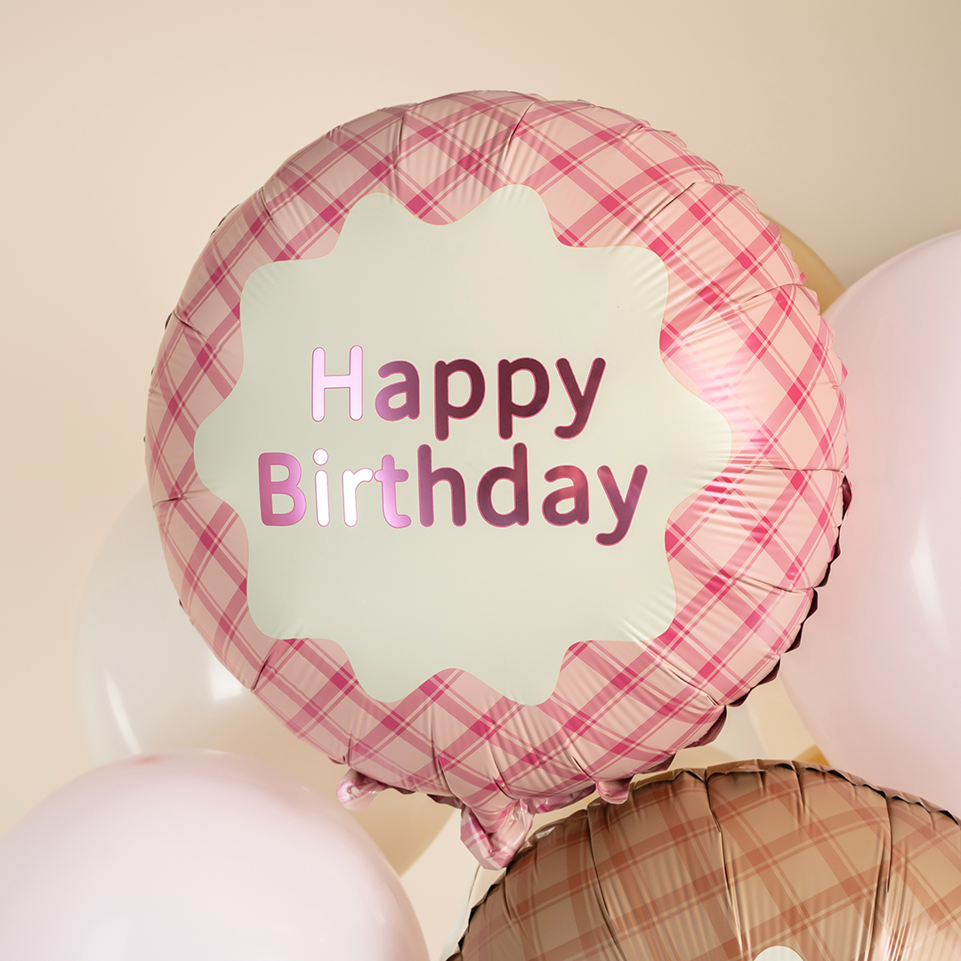 Шар (18''/46 см) Круг, Happy Birthday (стильная клетка), Розовый, Сатин, 1 шт.